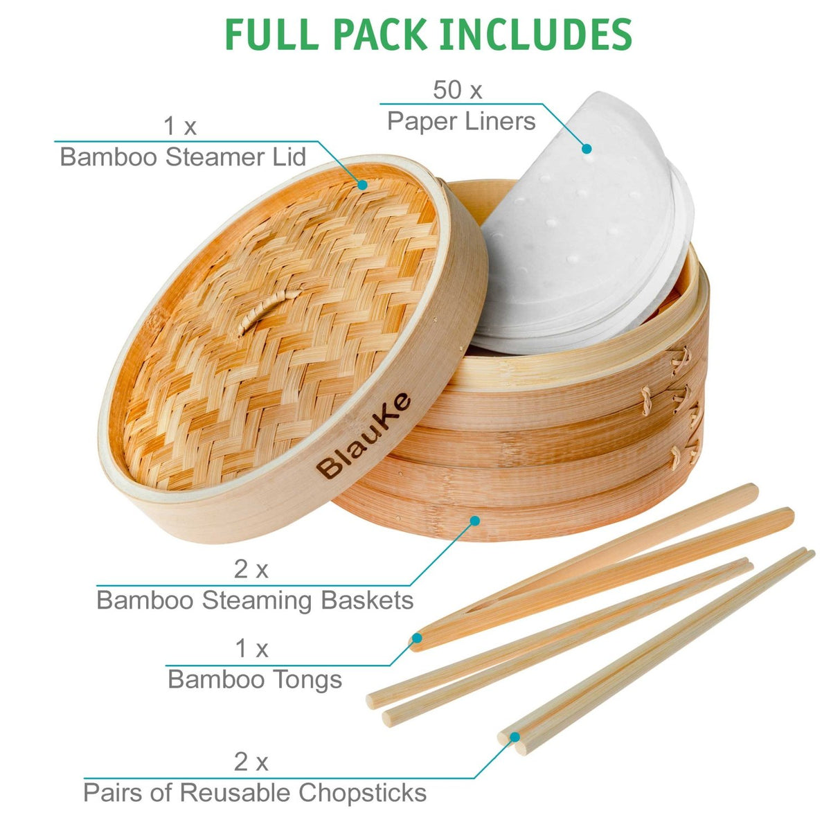 BlauKe 10-Inch Bamboo Steamer Set — 2 Tiers & Accessories - James’s Hot Deals & FindsBlauKe 10-Inch Bamboo Steamer Set — 2 Tiers & AccessoriesFood SteamerBlauKeJames’s Hot Deals & Finds2-Tier Bamboo Steamer for Cooking Dumplings, Vegetables, Meat, Fish, Rice - Bamboo Steamer Basket 10 Inch with 2 Pairs Chopsticks, Tongs and 50 Paper Liners-3