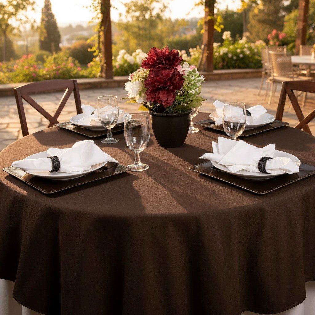MJS 100% Spun Polyester 2 PLY Round Table Linens - James’s Hot Deals & FindsMJS 100% Spun Polyester 2 PLY Round Table LinensTableclothsRifz Textiles IncJames’s Hot Deals & FindsRound Table ClothChocolate BrownMJS 100% Spun Polyester 2 PLY Round Table Linens