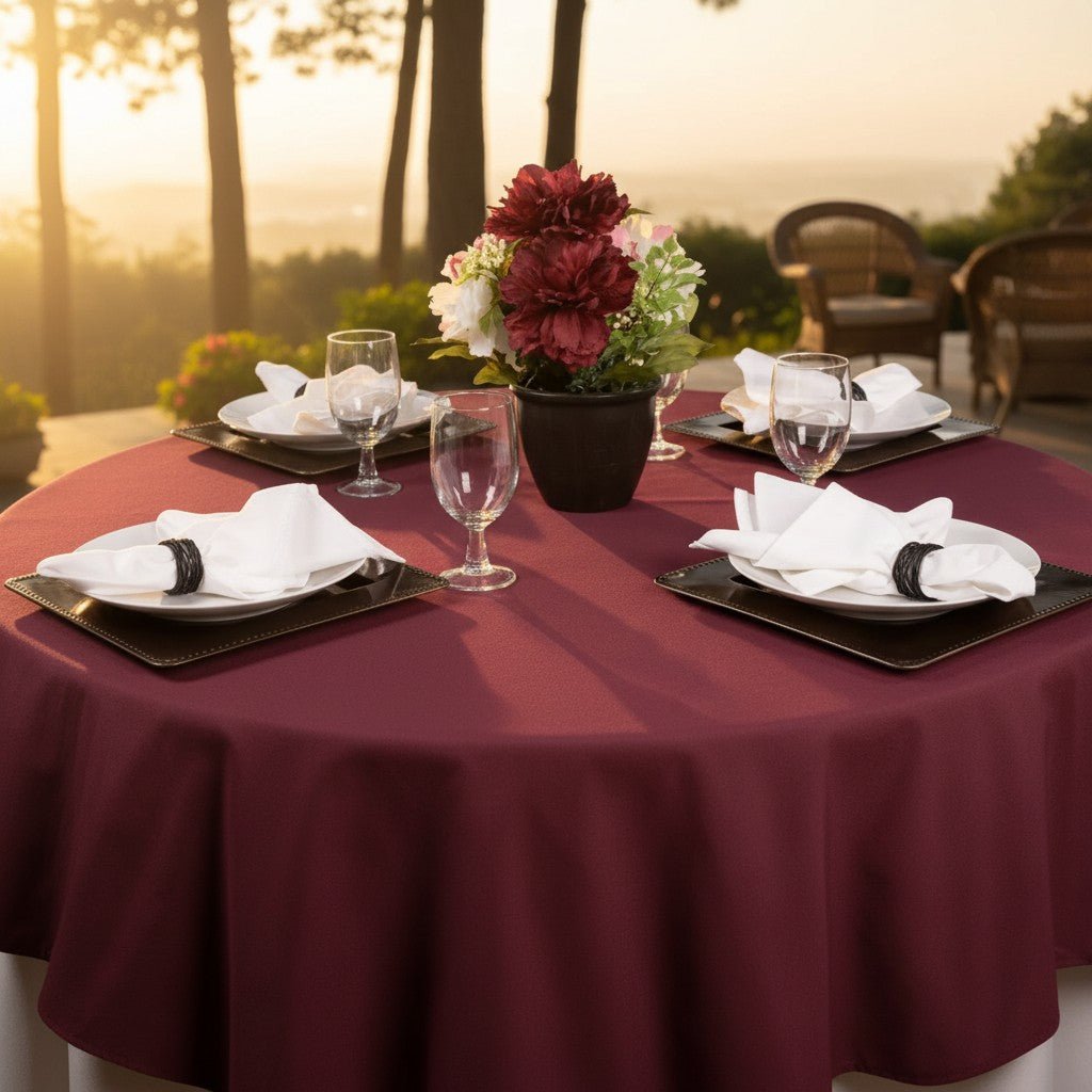 MJS 100% Spun Polyester 2 PLY Round Table Linens - James’s Hot Deals & FindsMJS 100% Spun Polyester 2 PLY Round Table LinensTableclothsRifz Textiles IncJames’s Hot Deals & FindsRound Table ClothBurgundyMJS 100% Spun Polyester 2 PLY Round Table Linens