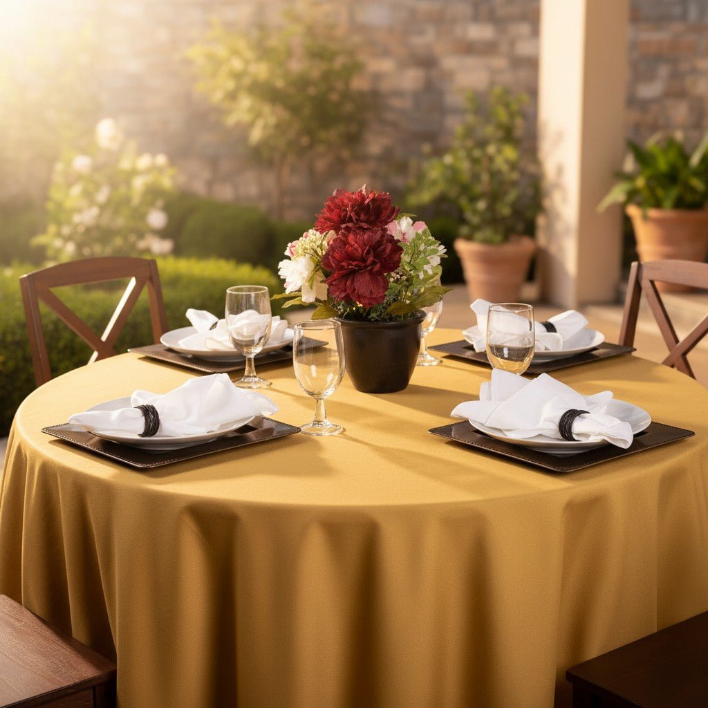 MJS 100% Spun Polyester 2 PLY Round Table Linens - James’s Hot Deals & FindsMJS 100% Spun Polyester 2 PLY Round Table LinensTableclothsRifz Textiles IncJames’s Hot Deals & FindsRound Table ClothGoldMJS 100% Spun Polyester 2 PLY Round Table Linens